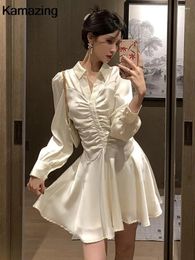 Casual Dresses 2023 Autumn Fashion Satin Shirt Mini Dress Korean Elegant Long Sleeve Pleated Birthday Party Vestidos Female Y2k Clothes