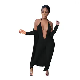 Women's Two Piece Pants Sexy Club Partywear Solid 2 Set Tracksuit For Women Halter Neck Jumpsuit Long Sleeve Open Stitch Fitness Outfit