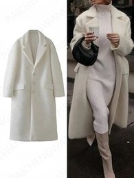 Women' Blends Autumn and winter loose fashion women's white long chic top vintage button coat lapel warm thickened soft fluffy 231031