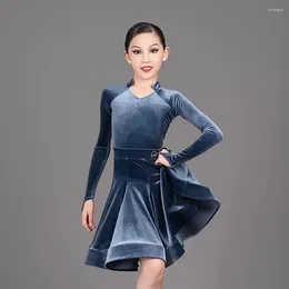 Stage Wear Velvet Design Long Sleeve Tops Lotus Skirt Kids Latin Dance Dress For Girl Performance Ballroom Dancing Costume NY02 G3194