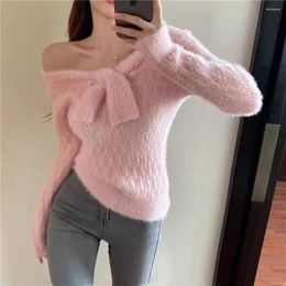 Women's Sweaters Winter Mohair Pullovers Women Slim Knitted Tops Pink Sweater Retro Casual Lazy Long Sleeve Sueters Solid Clothes