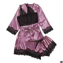 Sexy Set Customised Production Of Pyjamas Perspective Lace Kimono Suit Fun Underwear 211203 Drop Delivery Apparel Dhl6Y