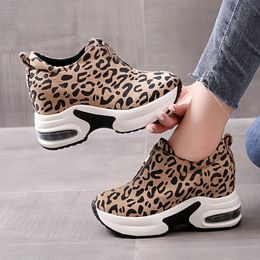 Dress Shoes Hidden Heel Casual Platform Shoes Woman Sneakers Suede Slip on Shoes Women Height Increasing Flock Leopard Print Wedges Shoes 231030