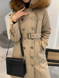 Women's Down Parkas Women Winter White Duck Down Trench Coat Long With Big Fur Collar Down Jacket Female British Style Double Breasted Down 231031