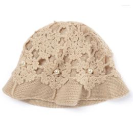 Berets Pure Cashmere Hat Flower Handmade Beaded Double Layered Thickened Women In Autumn And Winter