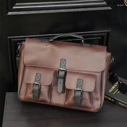 Briefcases TopFight Retro Casual Messenger Large Capacity Men's Bag Crazy Horse Leather Men Handbag Briefcase Coffee With Front Packets