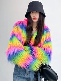 Women's Fur Faux Fur Streetwear Rainbow Striped Faux Fur Coat Women Imitation Goat Wool Luxury Furry Jacket Top Club Autumn Winter Clothes 231030