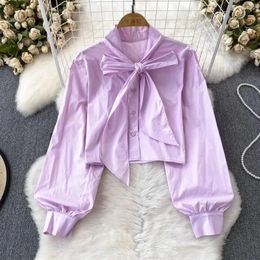 Women's Blouses Korean Fashion Women Blouse Arrival V-neck Long Puff Sleeve Lapel Single Skinny Shirts Autumn Casual Ladies Tops Dropship