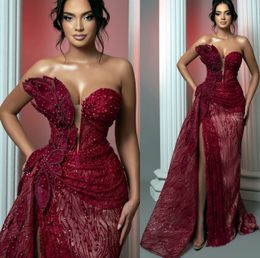 2023 Oct Aso Ebi Arabic Burgundy Sheath Prom Dress Lace Beaded Evening Formal Party Second Reception Birthday Engagement Gowns Dresses Robe De Soiree ZJ265