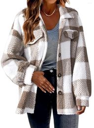 Women's Fur Plaid Faux Coat Women Warm Soft Long Jacket Outwear Plush Overcoat Pocket Buttons Cardigan With Hood 2023 Autumn Winter