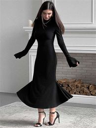 Black Slim Fashion Women Knit Long Sleeve High Waist Casual Elegant Loose Knitwear Patchwork Maxi Dress