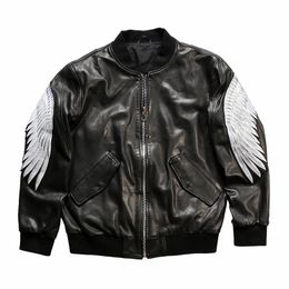 400,000 embroidered wings Men's leather Jackets baseball uniform All vegetable tanned sheepskin coats