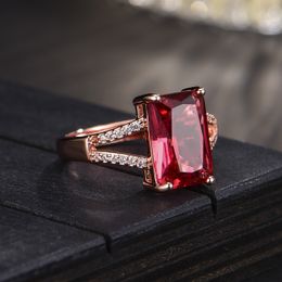 Ring women Rectangle Red Crystal zircon Diamond Rose Gold Sweet Ring Girlfriend Wedding Party Jewelry Birthday Gift Adjustable