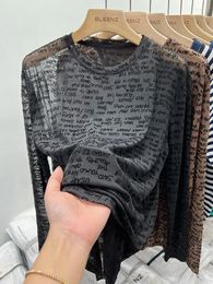 Women's T Shirts T-shirt Mesh Long-Sleeved Sexy Western-style Bottoming Shirt Letter Printing Top Spring Autumn Inner Wear