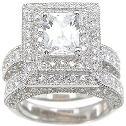Professional Whole Vintage Jewelry Topaz Simulated Diamond 14KT White Gold Filled 3-in-1 Wedding Ring Set for christmas gift S2828