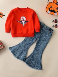 Clothing Sets Toddlers Girls Outfit Trousers Sweatshirt 2 piece Set Round Neck Long Sleeve Cow Head Print Top Flare Denim Kids Clothes For S 231031