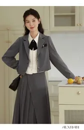 Work Dresses Autumn College Style Korean High Waist Suit Long Skirt Women Elegant Y2k Pleated Grey A-Line Skirts