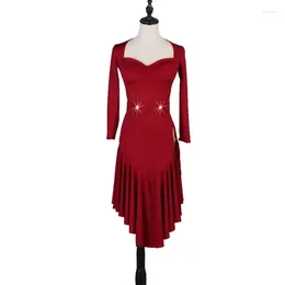 Stage Wear Latin Dance Dress Female Junior Rumba Cha Samba Performance Long Sleeve Sexy Side Slit Vent Skirt Wine Red Blacklalq182