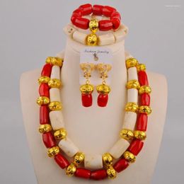 Necklace Earrings Set Wedding Jewelry White And Red Natural Coral Bead African Accessories Nigerian Bridal AU-522