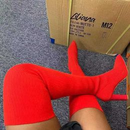 Autumn and winter 2022 pointed thick heel knitted over knee boots women's large elastic wool socks 231031