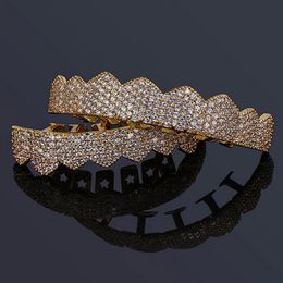 Iced Out CZ Mouth Teeth Grillz Caps Top Bottom Grill Set Men Women Vampire Grills 18K Gold Plated Rock Punk Rapper Accessories220G