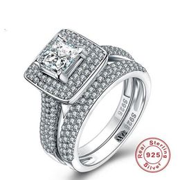 Size 5-10 Luxury Jewellery Pure 100% 925 Sterling Silver Princess Cut White Sapphire Gemstones CZ Diamond Women Wedding Couple Ring 2610