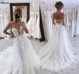 Glitter Sequined Tulle A Line Wedding Dresses Arabic Aso Ebi Romantic Floral Lace Plus Size Bridal Gowns Sweep Train Backless Bride Reception Robes de Mariee CL2856