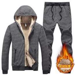 Winter Men Set Warm Thick Hooded Jacket Pants 2PC Sets Men Lamb cashmere Hoodies Zipper Tracksuit Man Sports Suit Plus size249N