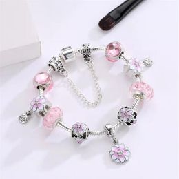 16 to 21CM pink oriental cherry charm bracelet 925 silver snake chain flower beads fit DIY Wedding Jewelry Accessories for new yea241E