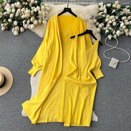 Work Dresses Autumn Winter Elegant Sweater Matching Sets Women Long Cardigan Coat And V Neck Bodycon Midi Dress Knit Two Piece Set