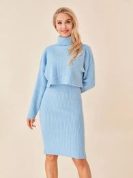 Work Dresses Women's Autumn Winter Knit Outfits Solid Colour Long Sleeve Turtleneck Sweater Tops Bodycon Skinny Dress 2 Pieces Sets