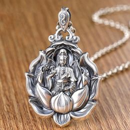 Pendants Retro Bodhisattva Pendant Men Jewelry Quality S925 Silver Chain Necklace Male Amulet Maitreya Buddha Lotus Statue Necklaces Lady