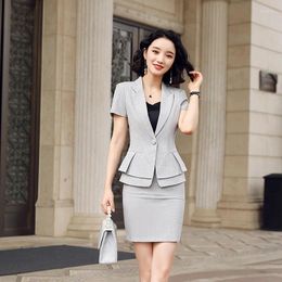 Two Piece Dress IZICFLY Summer Style Short Sleeve Women Skirt Suit Formal Uniform Designs Elegant Business Office Work Wear Gray