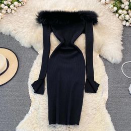 Casual Dresses Women's Fashion Shoulder Fluffy Pencil Dress Long Sleeve Knitted Party Elegant Autumn Winter Sweater Tank Top