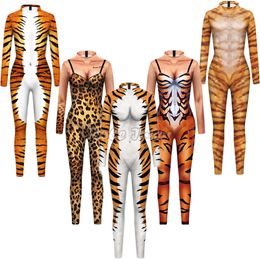 Men Women Jumpsuits Cosplay Costumes Animal Leopard Print Long Sleeve Bodysuit Halloween Performance Clothes