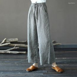 Women's Pants Women Loose Retro Plaid Linen Wide Leg Ladies Vintage Flax Elastic Waist Trousers Female 2023 Spring Summer