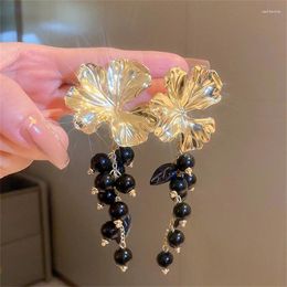 Dangle Earrings FYUAN Vintage Style Gold Colour Flower Drop Long Tasse Black Beads Women Party Jewellery
