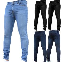 Basic Style Mens Stretchy Ripped Skinny Biker Jeans Taped Slim Plain Color Denim Pants Regular Denim Jeans262w
