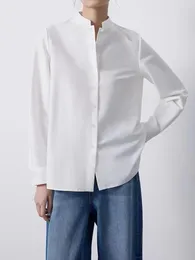 Women's Blouses Women Fashion Silk Cotton White Long Sleeve Slim Blouse Elegant Lady All Match Stand Collar Single Beasted Tops Shirts