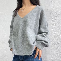 Women's Sweaters 100%Wool Women Sexy V-Neck Knitted Pullover Sweater Autumn Winter Chic Fashion Loose Oversized Harajuku Vintage Jumper Tops 231031