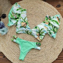 Women's Swimwear Low Waist Bathing Suit Beachwear Bandeau Biquini Swimsuit V Neck Bikini Women Flower Print Ruffle