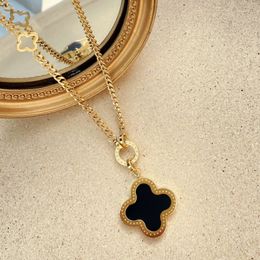 Newest Designer Women's Sweaters Chain Necklace 4/four Leaf Clover Pendant Long Double-sided Black White Jewellery Autumn and Winter