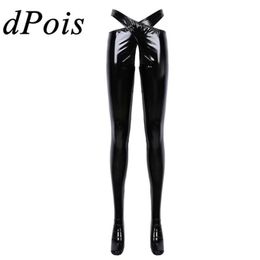 Womens Wetlook Patent Leather Crotchless Sexy Lingerie Open Crotch Trousers Erotic Pants With Waistband Night Roleplay Nightwear W316A