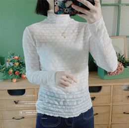 Women's Blouses Vintage French Long Sleeve Victorian White Shirt Turtleneck Tops For Women Slim Hollow Lace Mesh Bottom Pullover Blusas