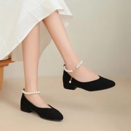 Dress Shoes Sexy String Beading Women Low Heels Square Toe Dress Lady Pumps Apricot Black Beige Ankle Strap Sweet Shoes Party Wedding Shoes 231030