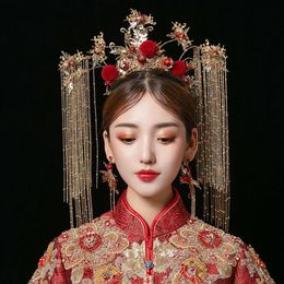 Traditional Chinese Wedding Bride Gold Queen Crown Red Headpieces Vintage Wedding Tiara Headdress Bridal Hair Accessories321F