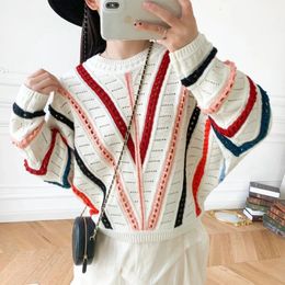 Women's Sweaters Summer Lady Color Stitching Crochet Hollow Out Knitted TShirt Women Rainbow Striped ONeck Batwing Sleeve Sweater 231030