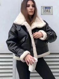 Women's Leather Faux Leather Janveny Winter Jacket Women Short Faux Leather Coat Shearling Sheepskin Retro Motorcycle Parkas Fleece Female Snow Outwear 231030