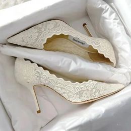 Dress Shoes Spring white lace pointed toe bridal wedding shoes hollow mesh embroidery stiletto high-heeled party dress all-match womens shoe 231030