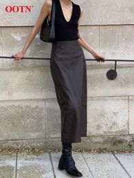 Skirts Street Chic PU Pencil Women Elegant Brown High Waist Long Female Office Zipper Mid-Calf Skirt Autumn 2023